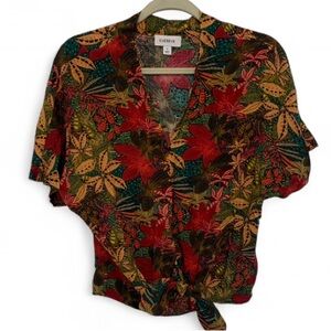 Evereve Floral Boho Print Tie Bottom Short Sleeve Blouse